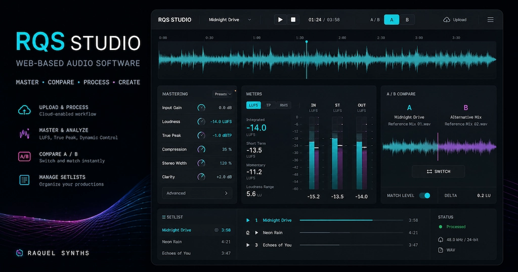 RQS MASTER interface with waveform, loudness meters and A/B comparison